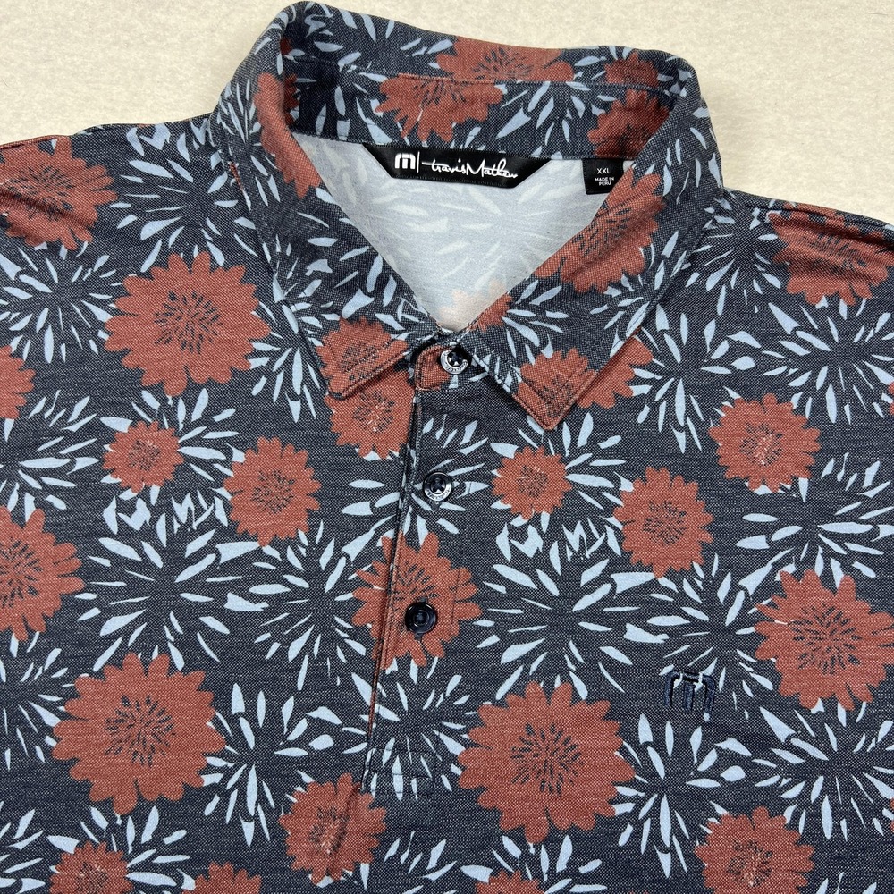 Travis Mathew Polo Shirt Mens‎ XXL Blue Red Floral Print Golf Stretch Casual